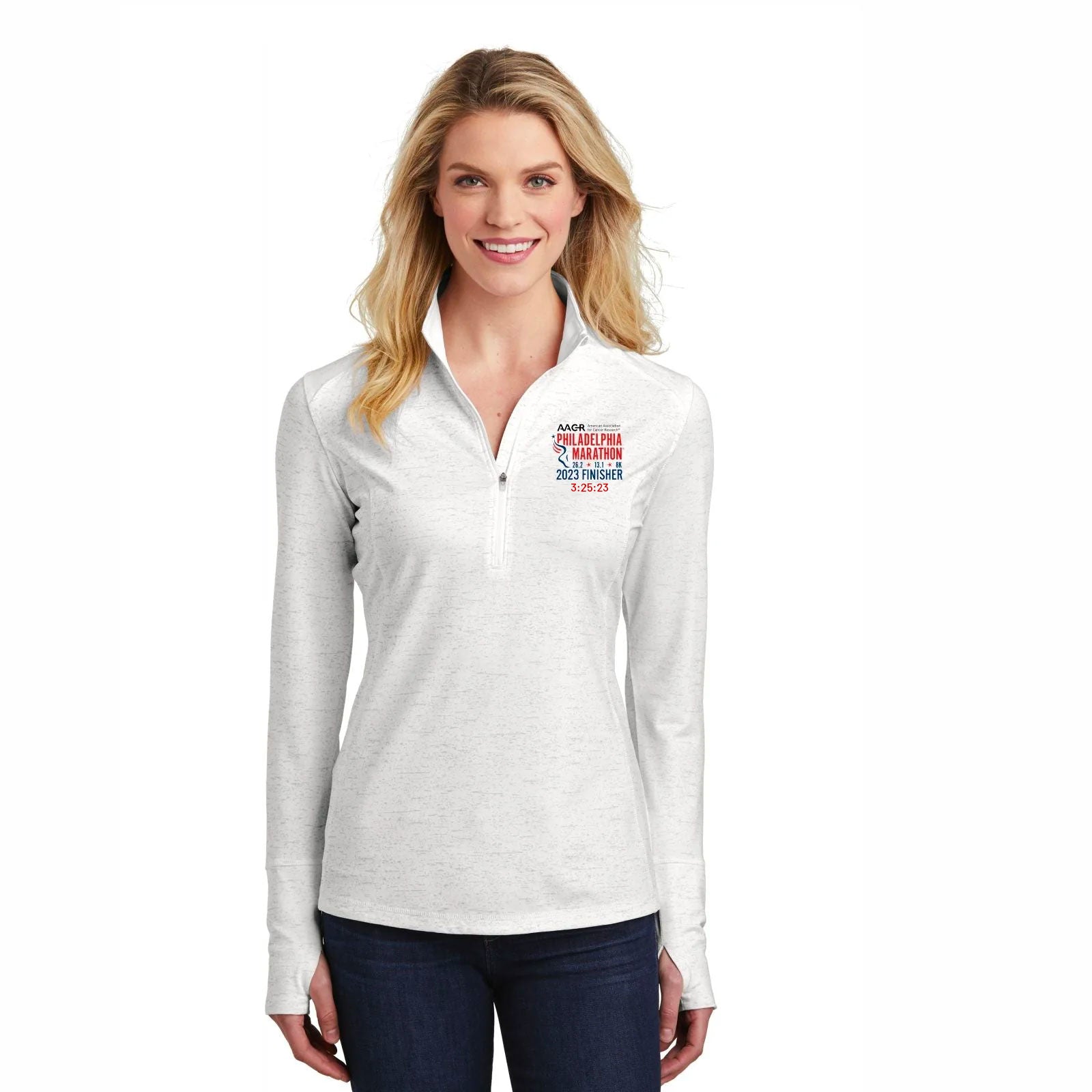 Reflective 1/2 Zip -White- 2023 AACR Finisher Embr. - CUSTOMIZED WITH YOUR TIME