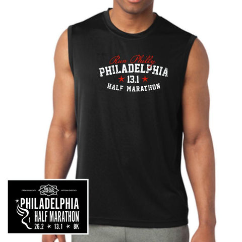 Philadelphia Marathon: 'Collegiate Half Marathon' Men's Sleeveless Tech Tank - Black - by Sanmar
