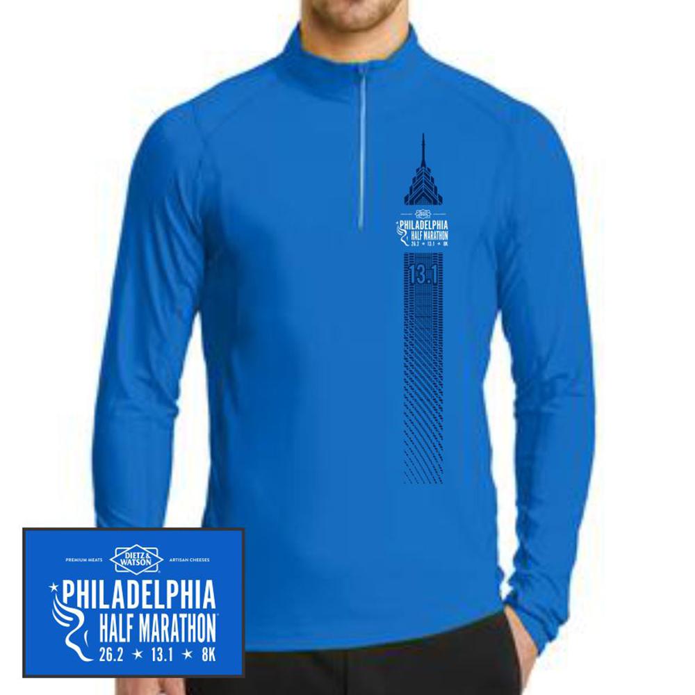 Philadelphia Marathon: 'Left Chest Print 13.1' Men's Tech Pullover 1/4 Zip - Electric Blue - by OGIO