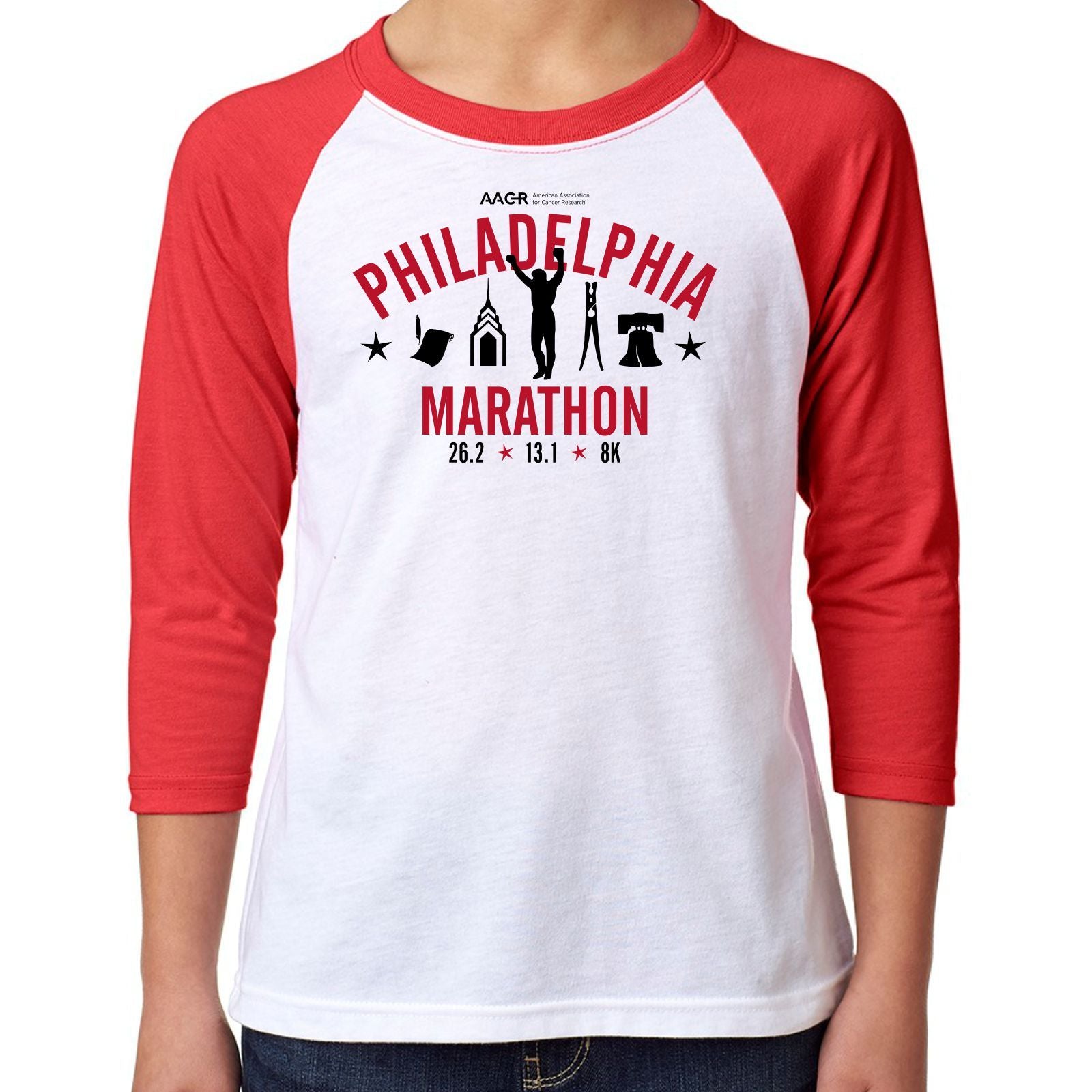 Youth 3/4 Sleeve Tee -White / Red 'Icons Design' - AACR Philadelphia Marathon