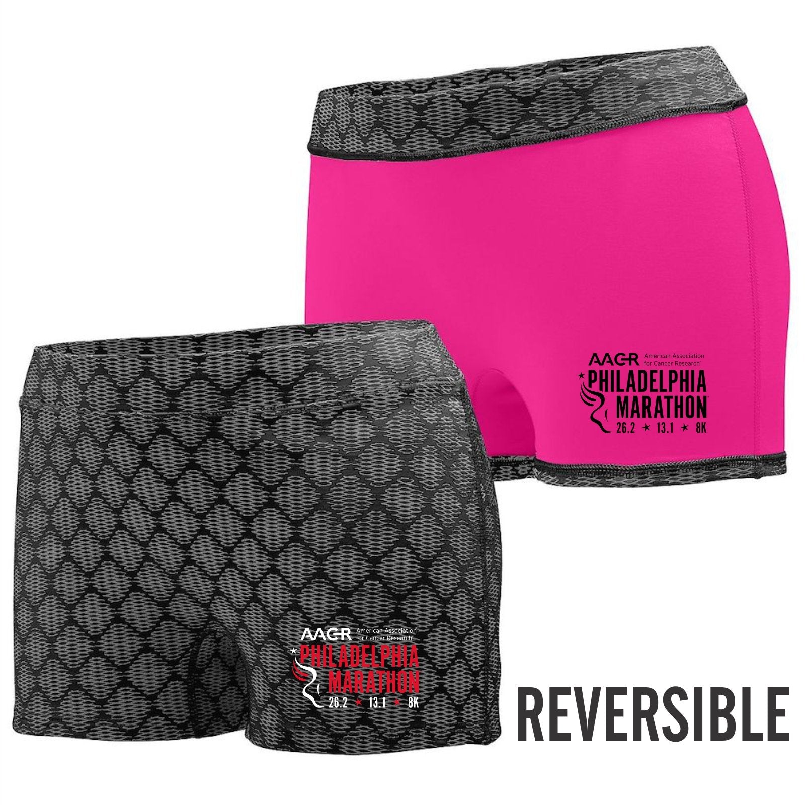 Women's Reversible Poly/Spandex 3" Short Shorts -Black Plexus Print/Power Pink 'AACR Logo Design' - AACR Philadelphia Marathon