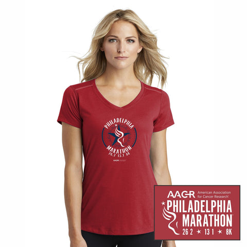 Women's SS V-Neck Jersey Tee - Red 'Round' Design - AACR Philadelphia Marathon