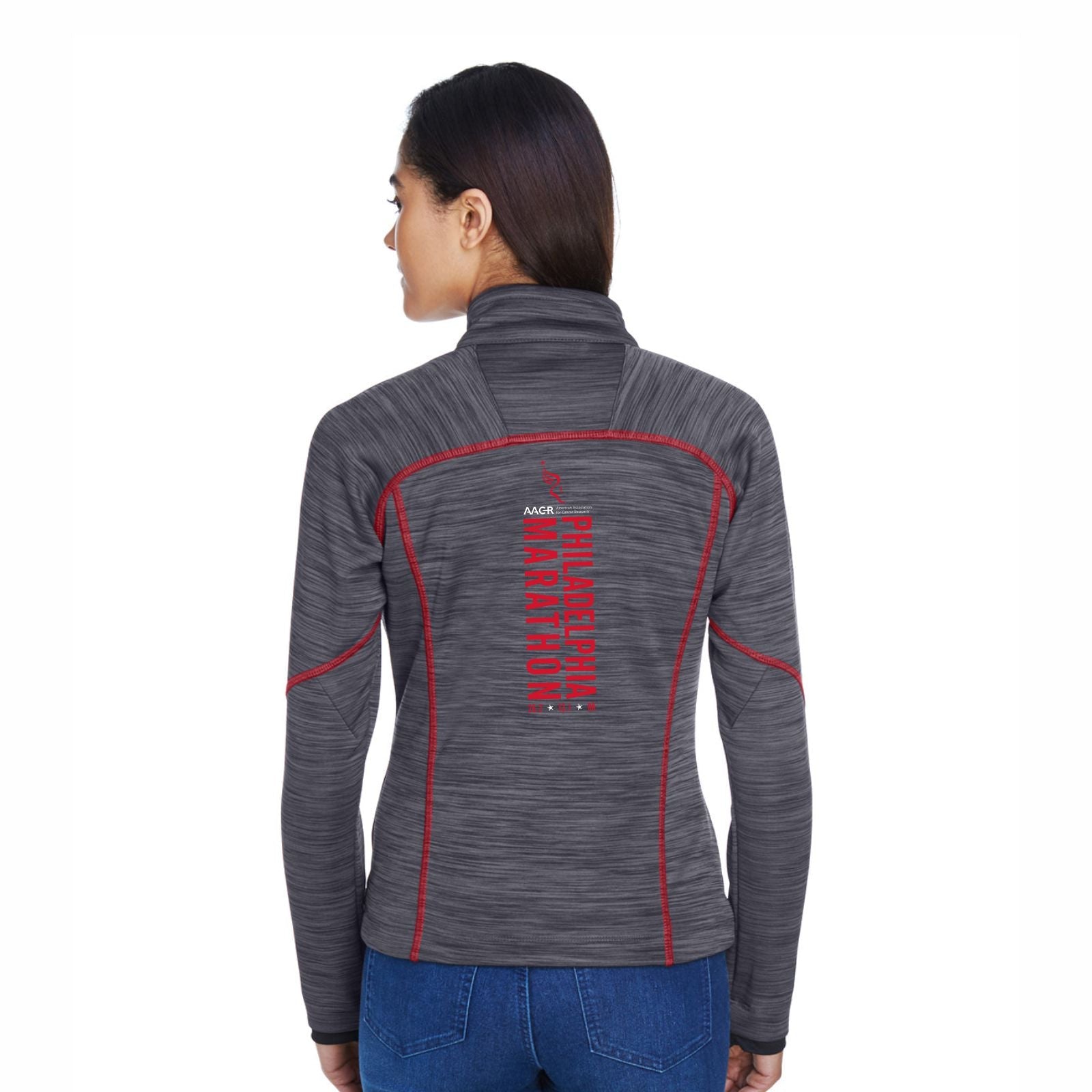 Women's Fleece Zip Flux Melange Jacket - Carbon Olympic Red 'Big Back' Design - Philadelphia Marathon