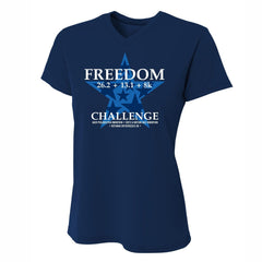 Philadelphia Marathon 2022 "Freedom Challenge" Special - 26.2 & 13.1 & 8K - Women's SS V-Neck Tech Tee - Navy