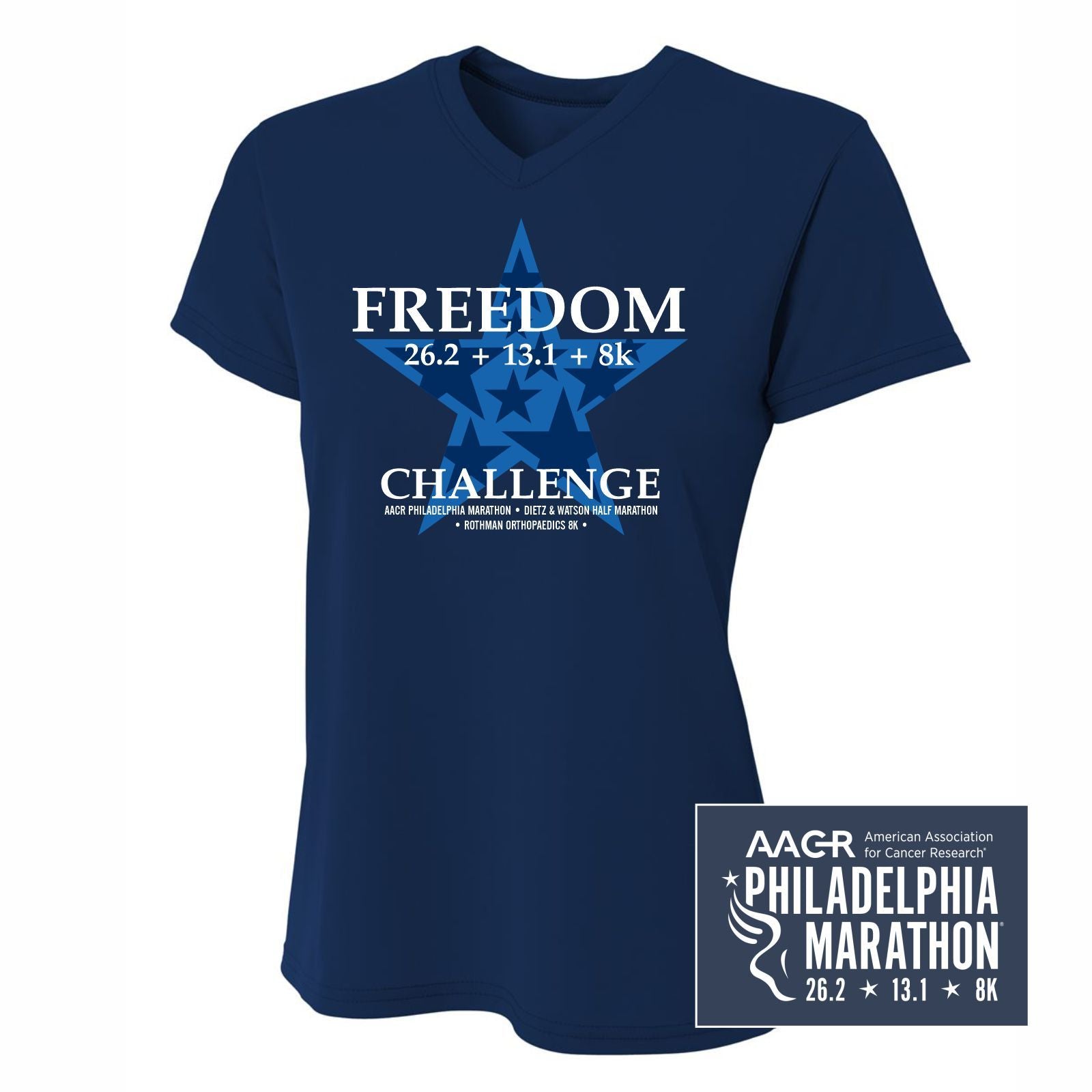 Philadelphia Marathon 2022 "Freedom Challenge" Special - 26.2 & 13.1 & 8K - Women's SS V-Neck Tech Tee - Navy