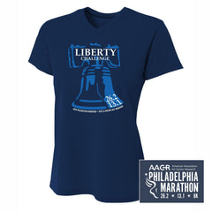 Philadelphia Marathon 2022 "Liberty Challenge" Special - 26.2 & 13.1 - Women's SS V-Neck Tech Tee - Navy