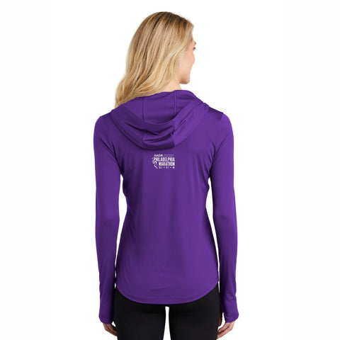 Women's LS Tech V-Neck Hooded Tee -Purple- AACR Bell Foot
