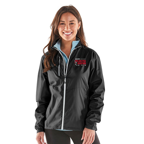 Limited Edition AACR Philadelphia Marathon Sustainably produced Embroidery. Windproof, water-resistant, lightweight, with elastic sleeves, drawcord hem, zip chest and hand pockets, contrast color, chin guard, drop tail, in a 40% recycled poly / 60% poly fabric. Item ID pmle501118w