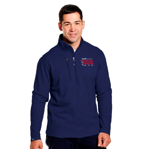 Limited Edition AACR Philadelphia Marathon Sustainably produced Embroidery. Twill fleece 1/4 zip pullover made with 60% recycled poly / 20% poly / 20% Sorona poly fabric, featuring coverlock stitched shoulder yokes, chin guard and storm flap, and zip chest pocket. Item ID pmle542581m