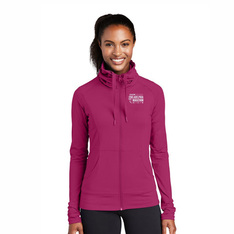 Women's Cowl Stretch Zip Jacket -Pink Rush- AACR 26.2 Embroidery
